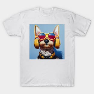 Yorkie Terrier Wearing Yellow Glasses and Headphones T-Shirt